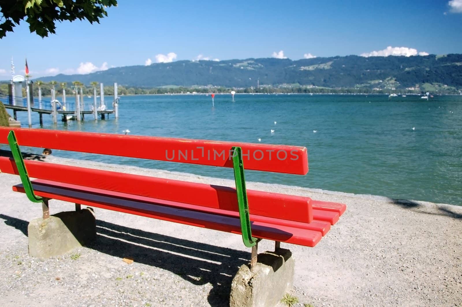 Red Bench by the Lake Bodensee in Austria