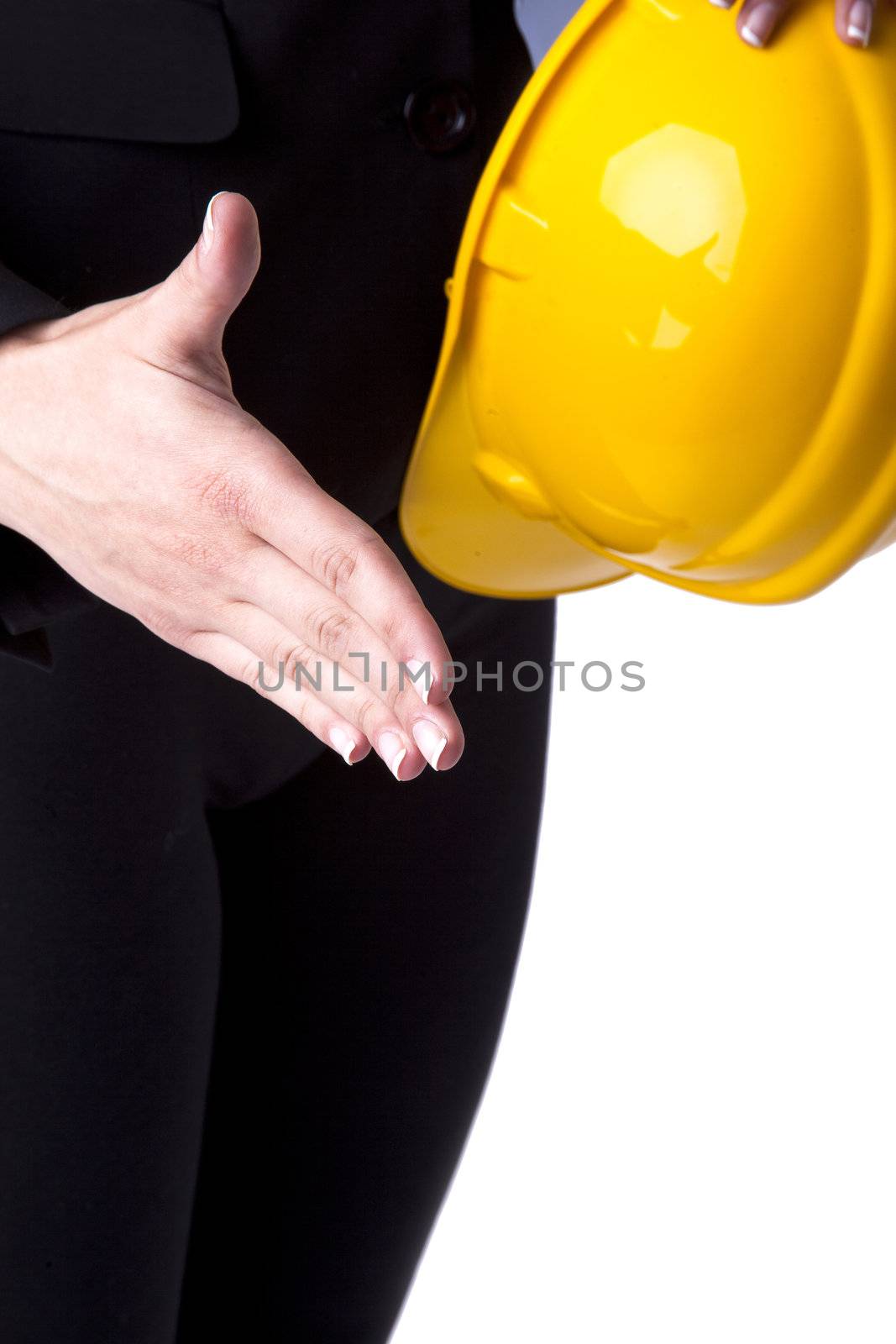 Businesswoman with hardhat Ready For Handshaking by adamr