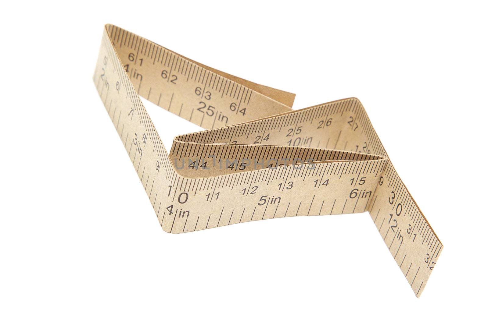Paper measuring tape with inch and centimeter marks isolated on white background