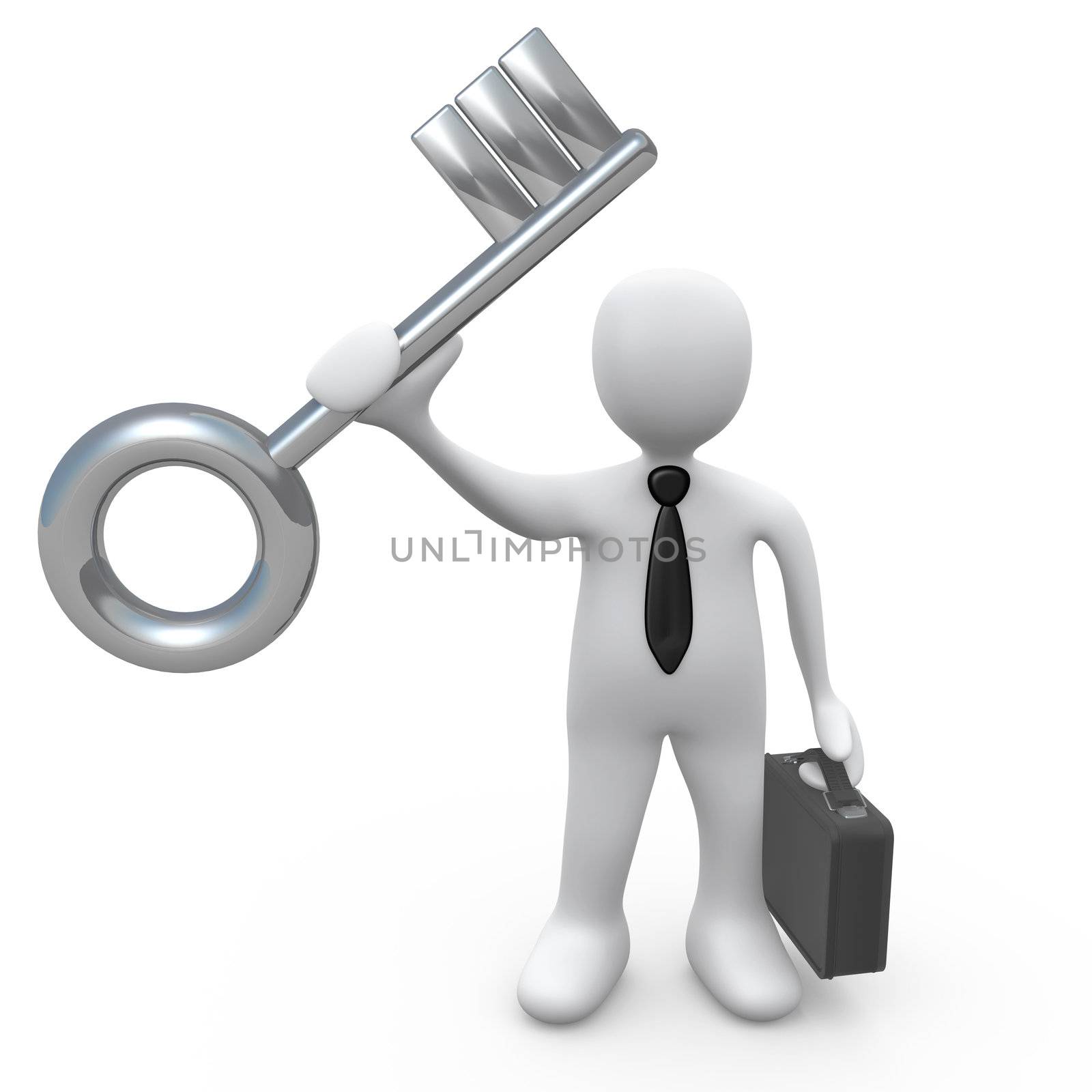 Business person holding a large key. Metaphor for solution or success.