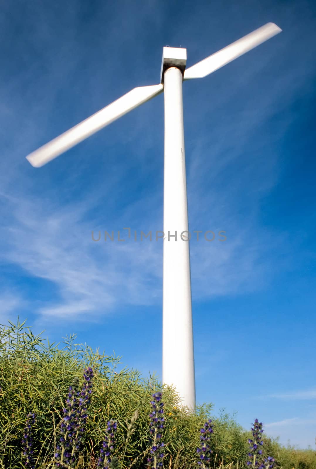 Dual-wing wind turbine on agricultural land (motion blur on rotor)