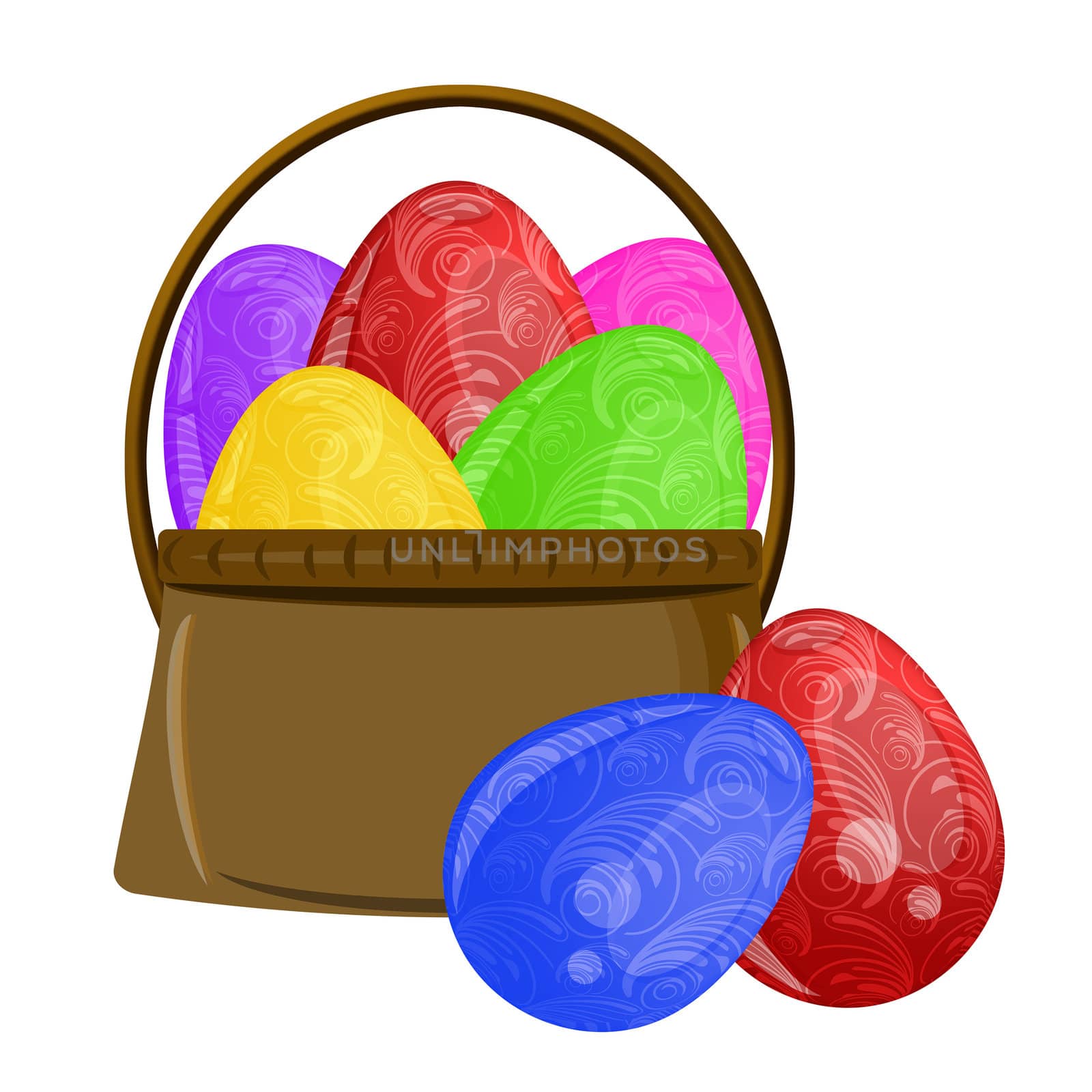 Happy Easter Basket with Scroll Design on Colorful Eggs Illustration