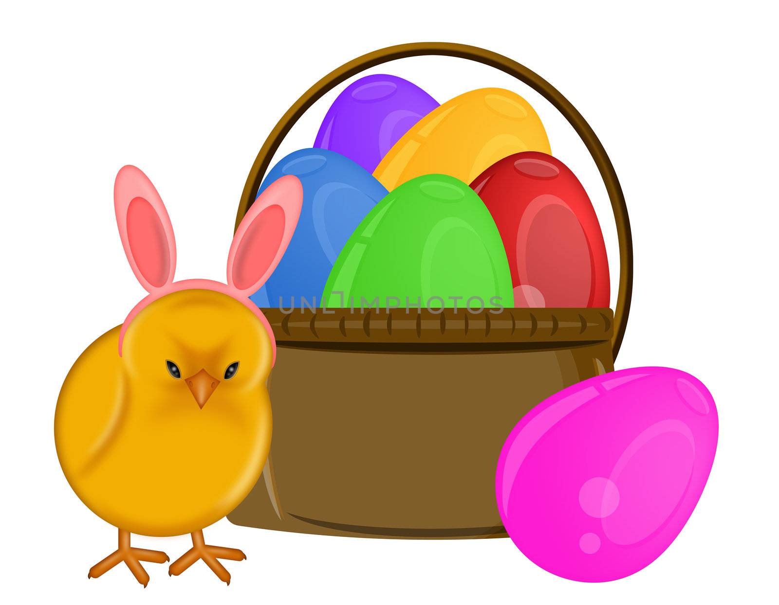 Easter Chick with Bunny Ears Headband and Basket of Eggs Illustration