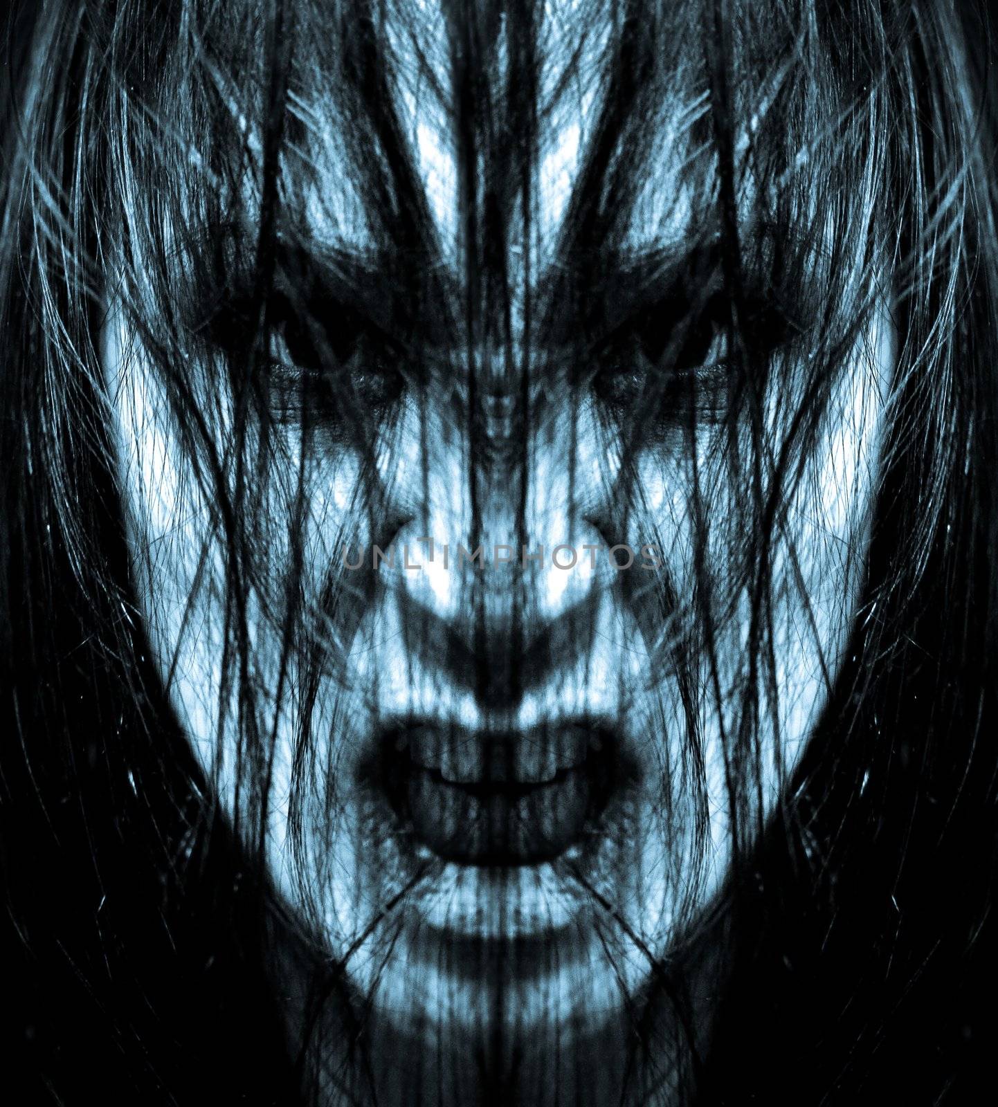 Girl possessed by the devil looks at you out of darkness
