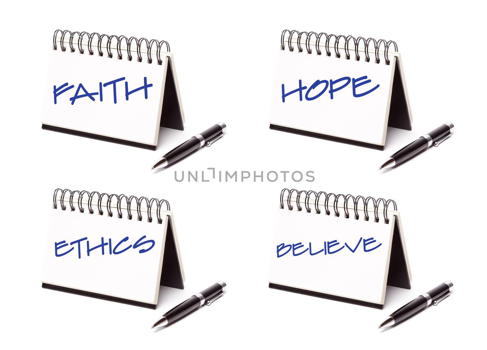 Spiral Note Pad and Pen Series Isolated on White - Faith, Hope, Ethics and Believe - XXXL.