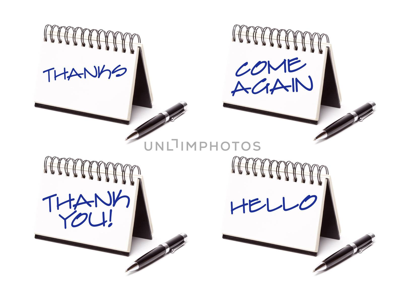 Spiral Note Pad and Pen Series Isolated on White - Thanks, Thank You, Come Again and Hello - XXXL.