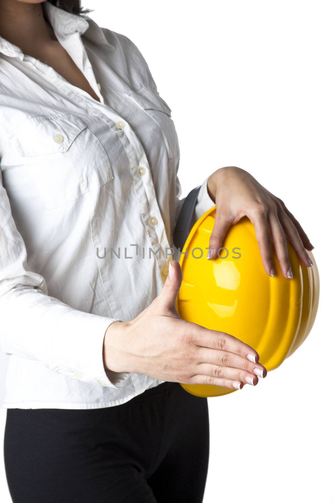 Businesswoman with hardhat Ready For Handshaking by adamr
