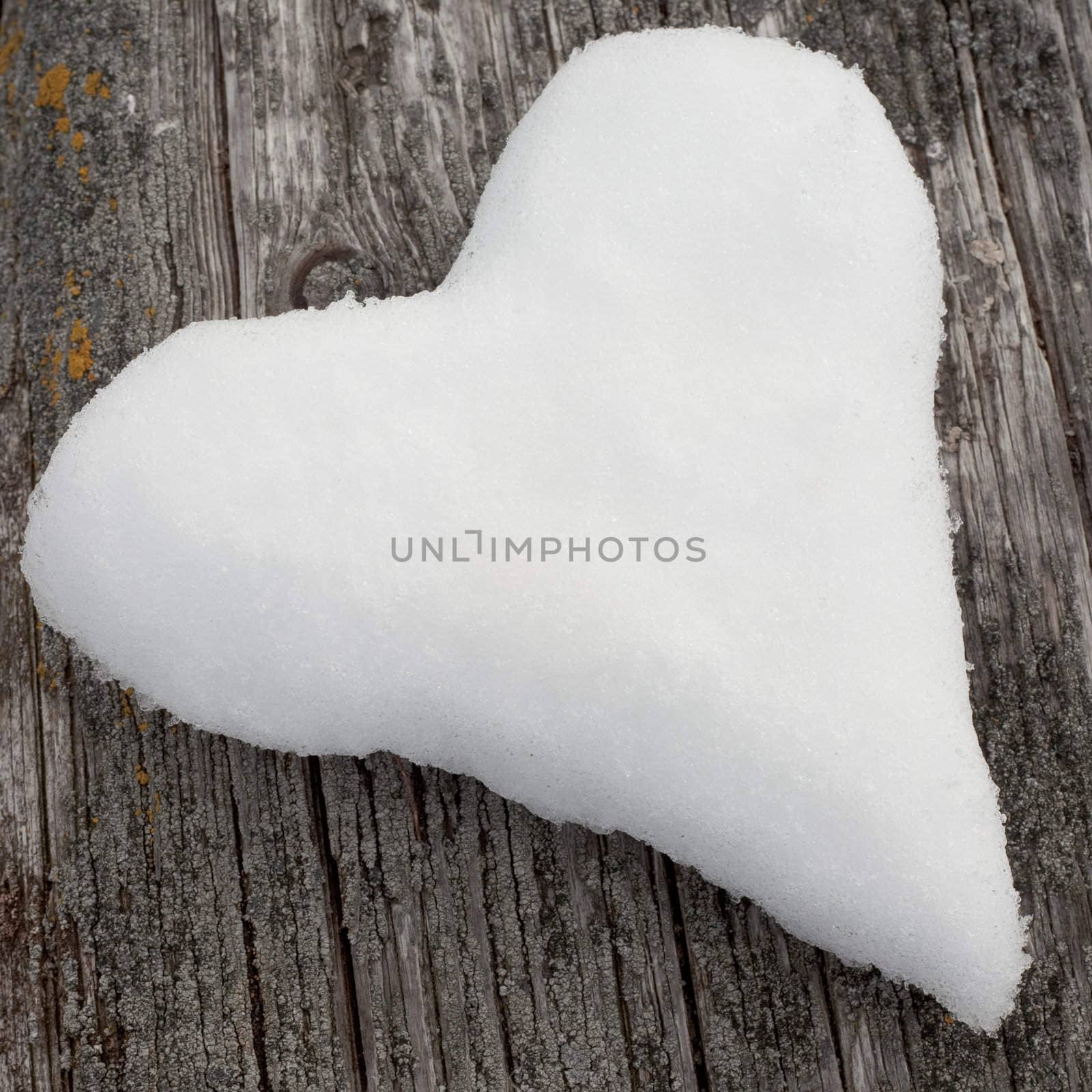 Two Valentine�s Day Hearts formed from snow on weathered timber surface.
