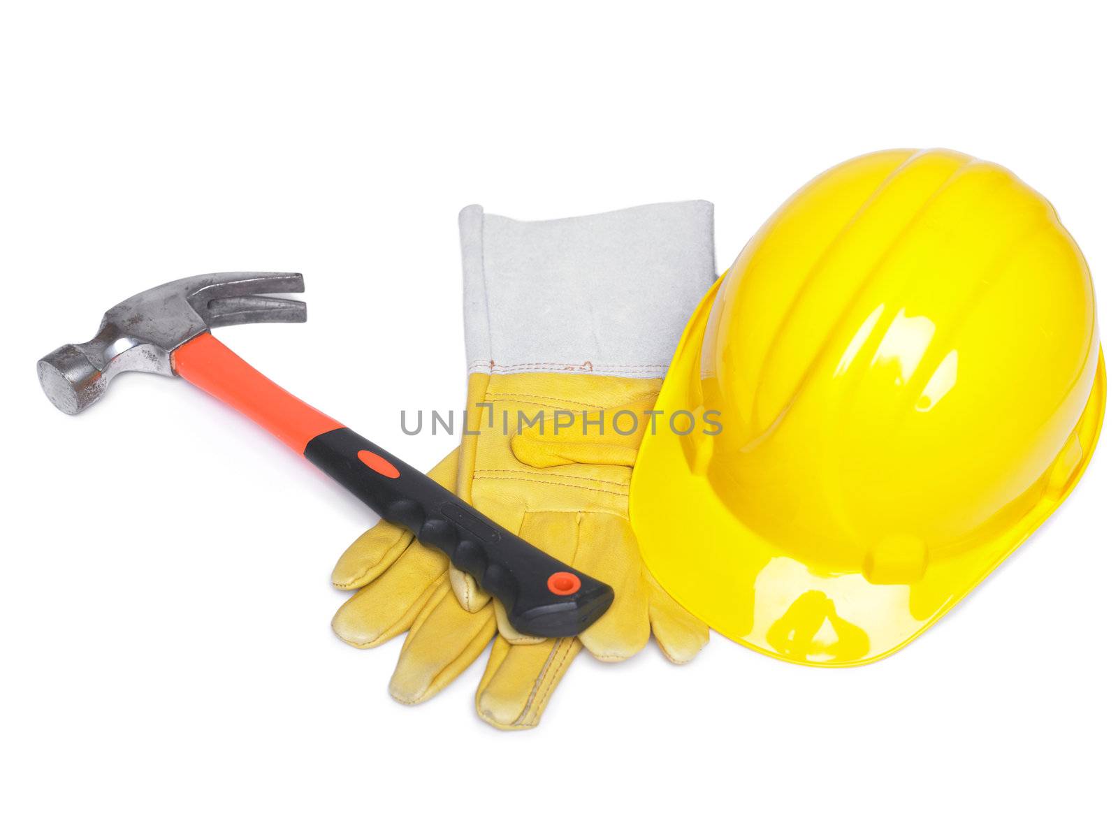 Hammer Hard Hat And Leather Gloves on white