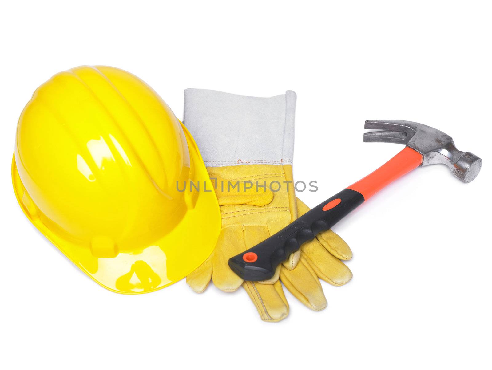 HardHat Hammer And Leather Gloves on white