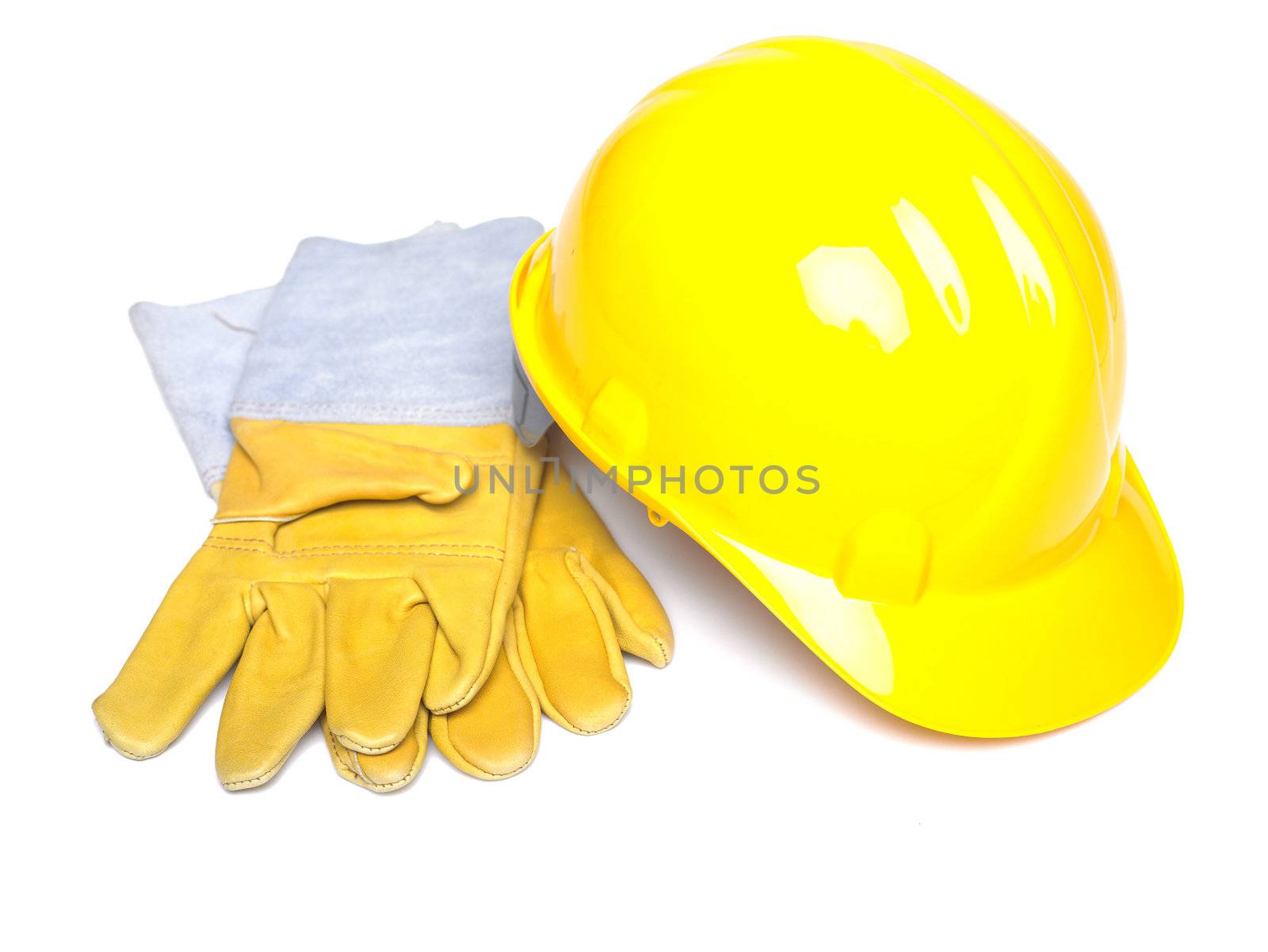 Hard Hat And Leather Gloves on white