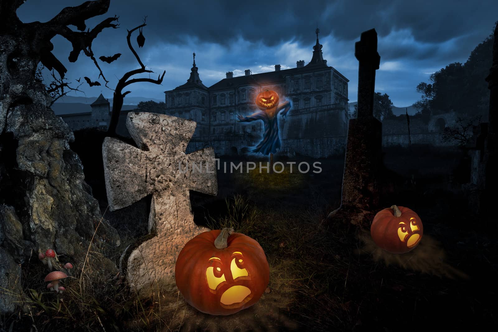 Jack-o-lantern come alive in a cemetery near old castle