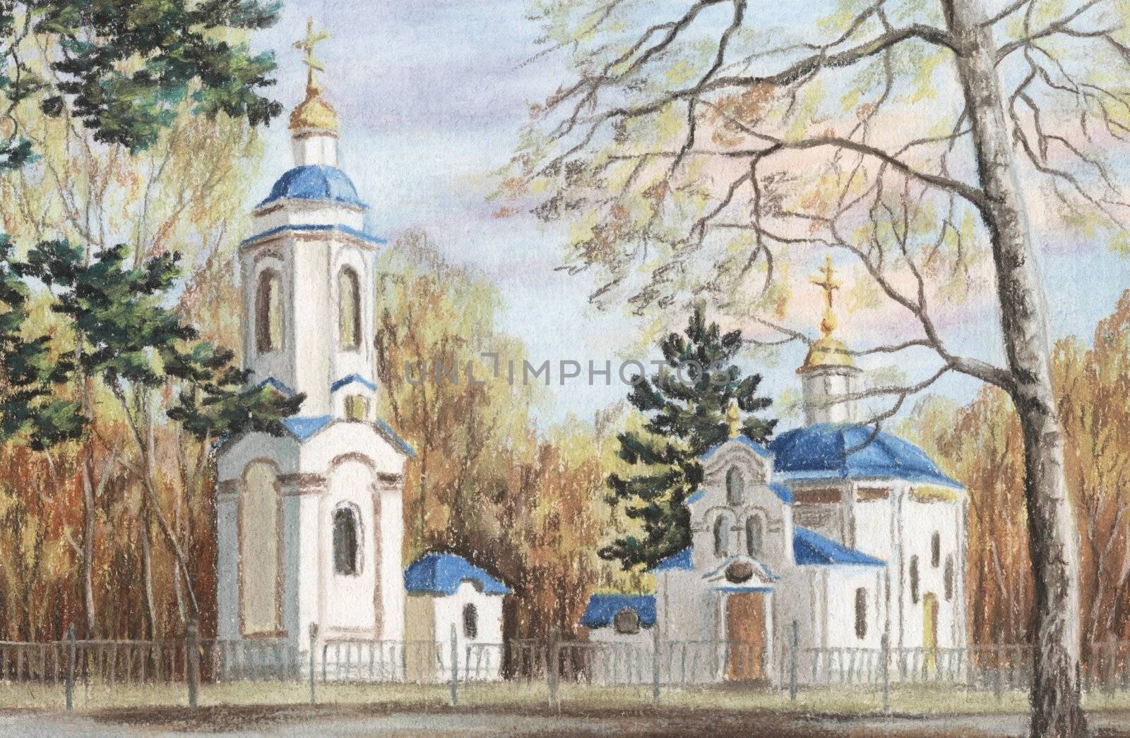Picture a pastel on a car board: Evgenie Muchenika's church, Russia, Novosibirsk