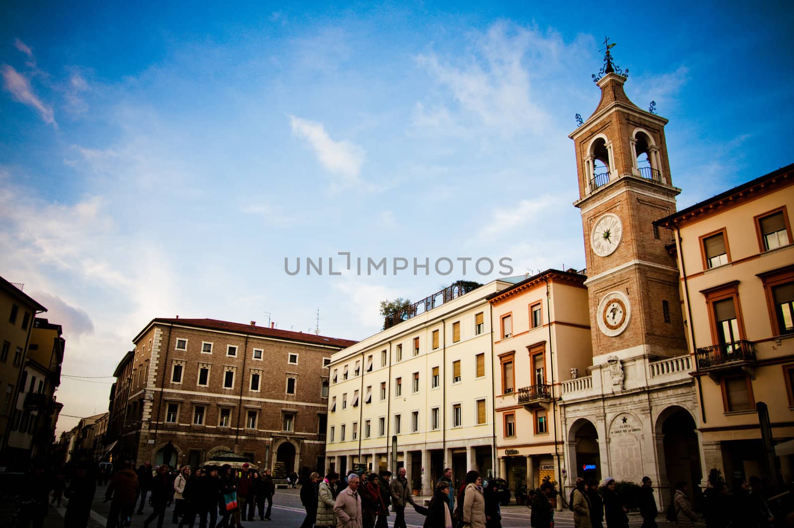 Street scene of Piazza Tre Martiri in the city of Rimini, Emilia Romagna, Italy