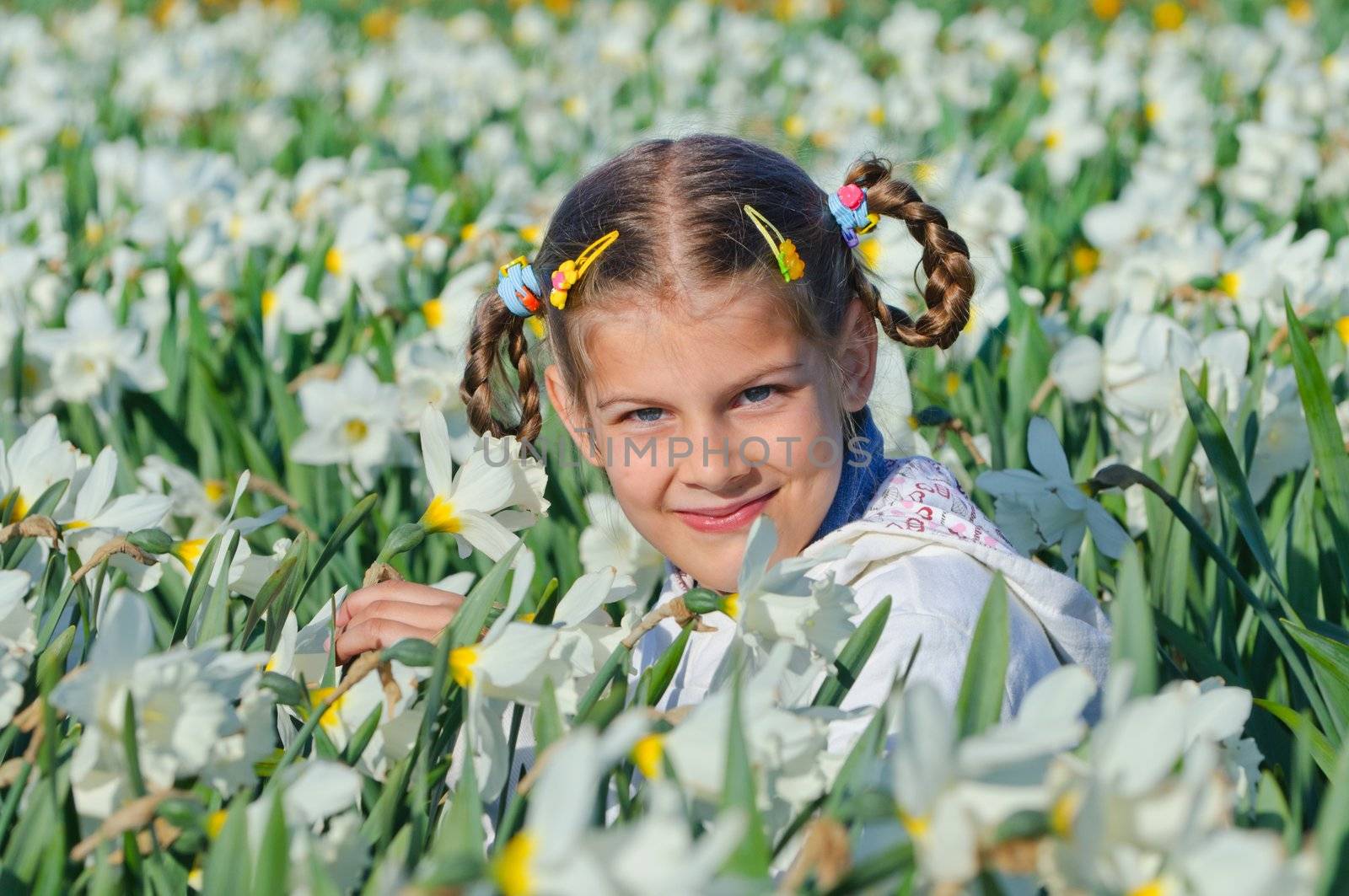 little girl sitting on the meadow with daffodils