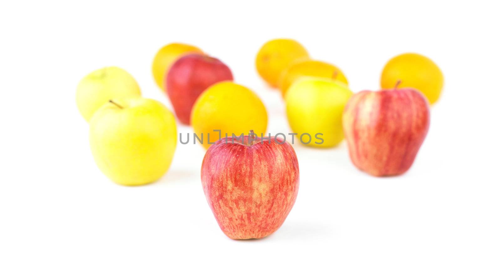 Group of Fruit Blured and Red Apple in Focus