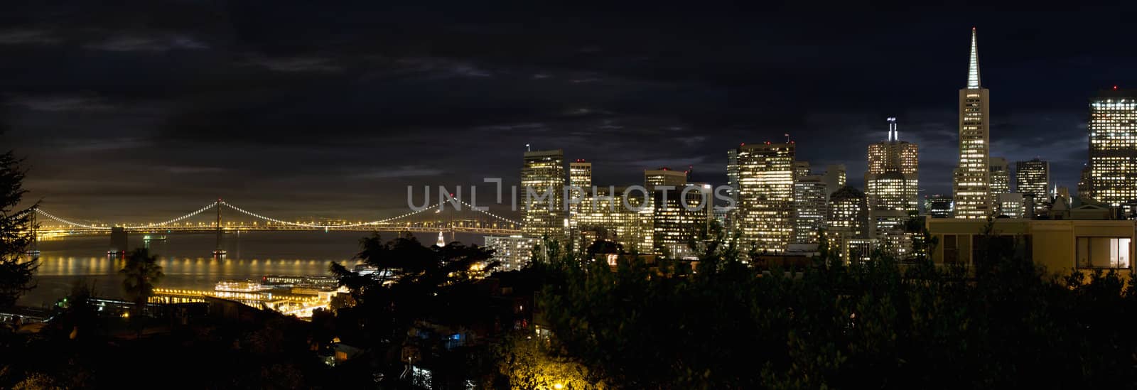 San Francisco Skyline and Oakland Bay Bridge at Blue Houe Panorama