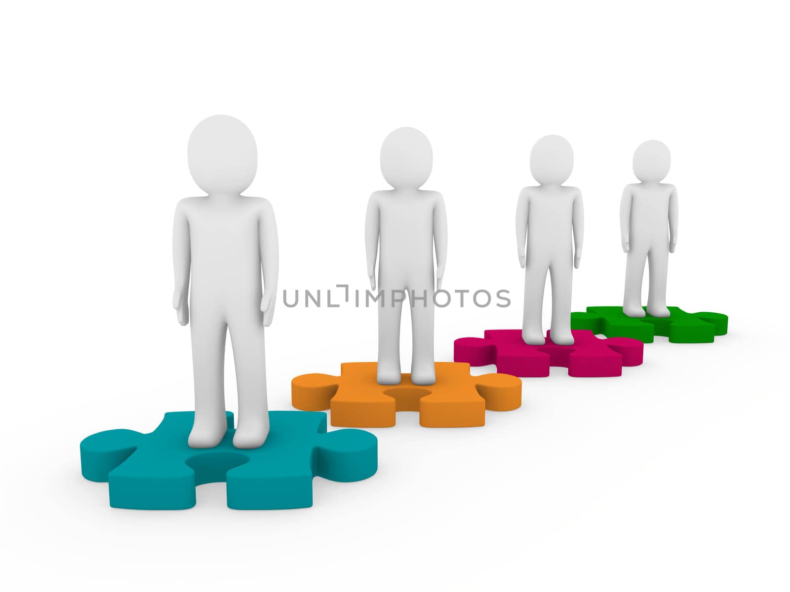 3d men puzzle teamwork orange pink green blue