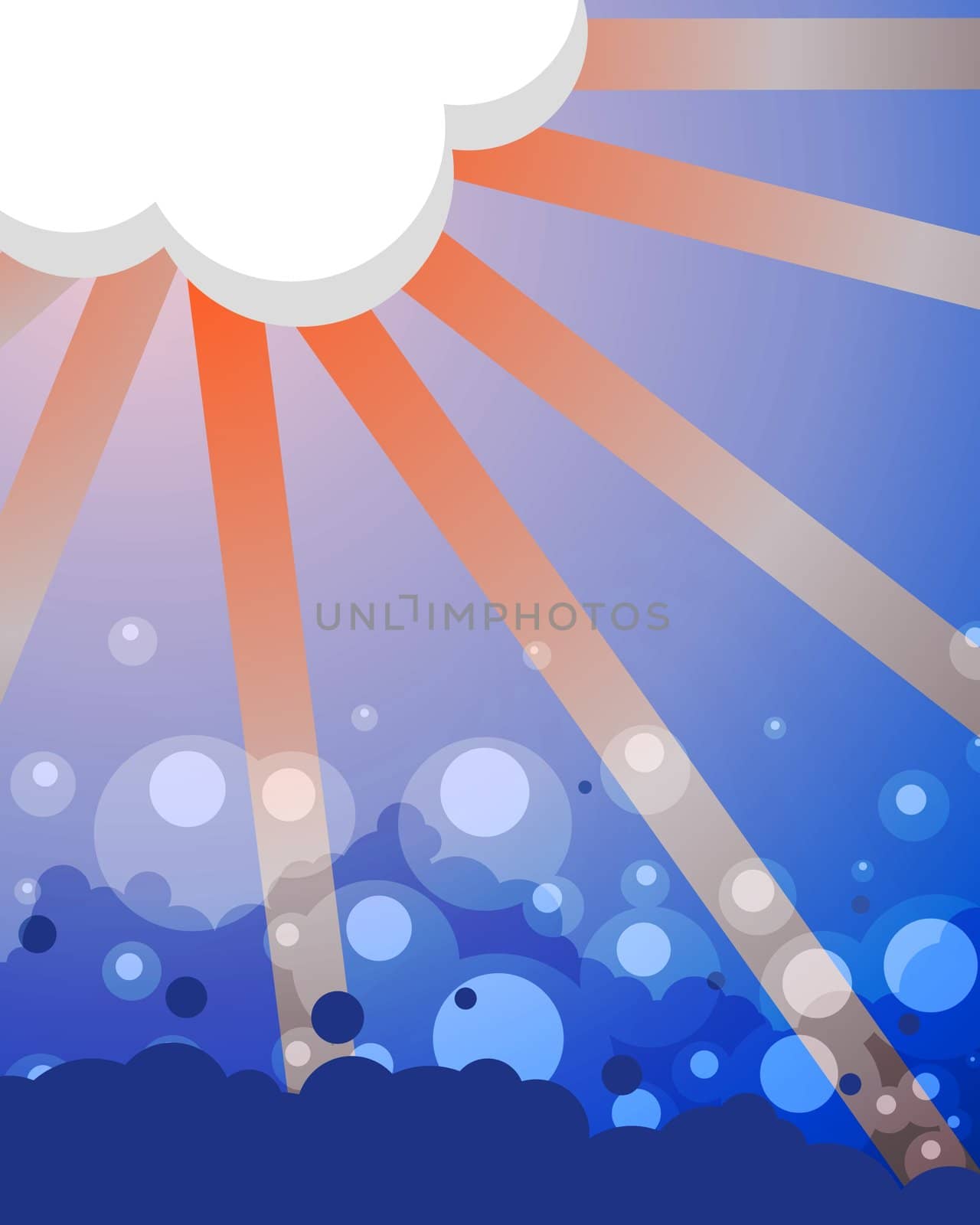 Illustrated abstract background containing a cloud with the sun behind and a bubbling sea