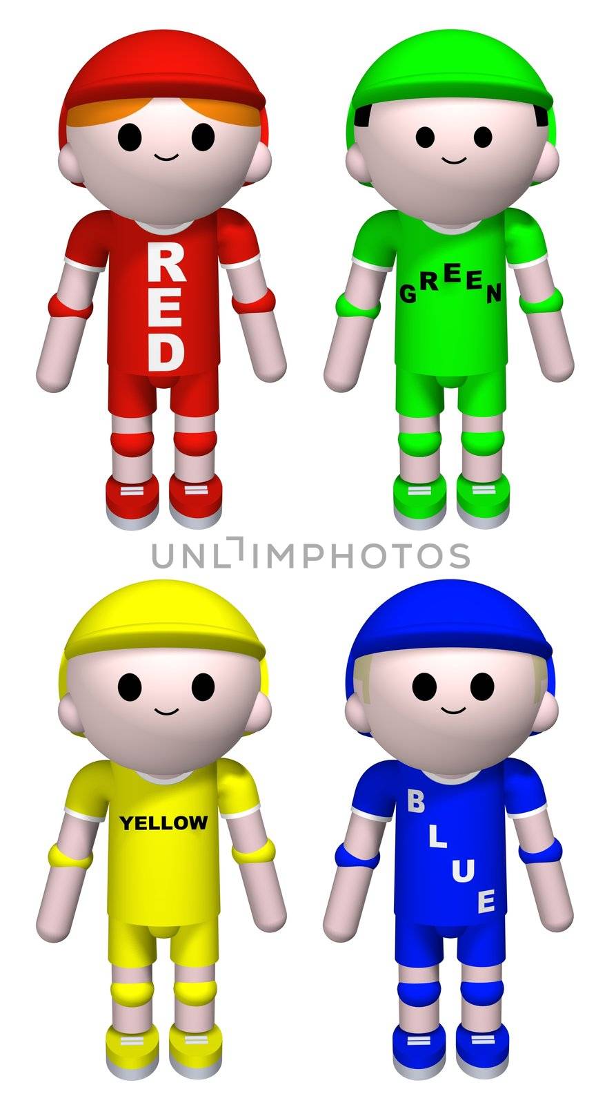 Illustration of four characters each dressed in one color with the color word printed on their shirts
