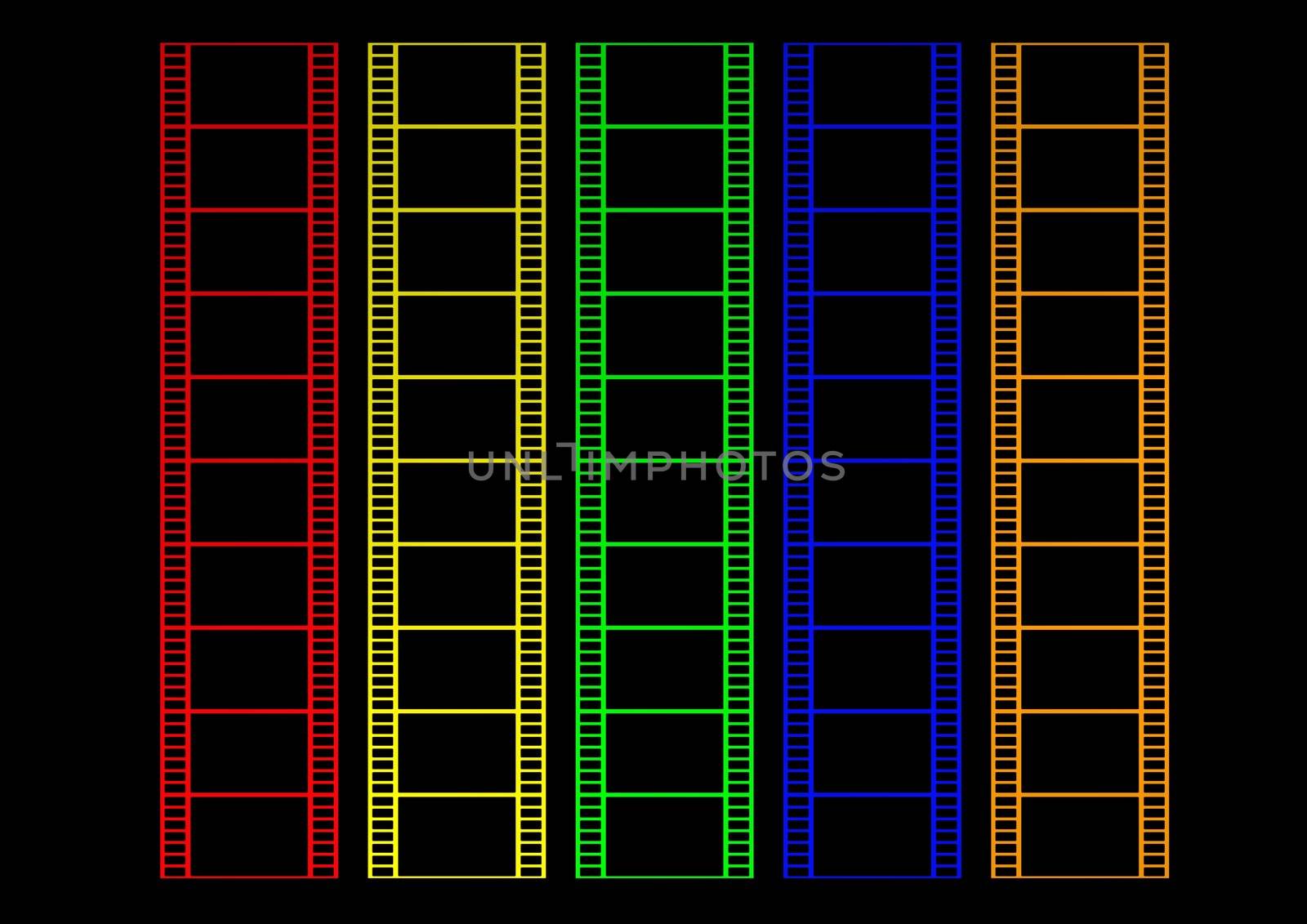 Illustration of strips of film each a different color on a black background
