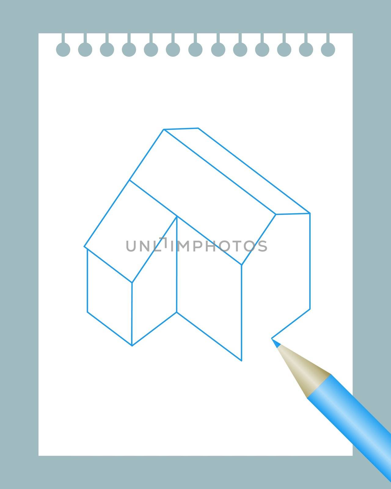 Illustration of a notepad with a pencil drawing a house