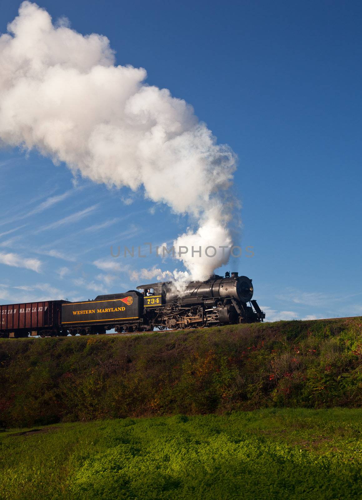 CUMBERLAND, MD - OCTOBER 17: Western Maryland Railroad steam train on October 17, 2011. This scenic railroad offers excursions pulled by a 1916 Baldwin locomotive