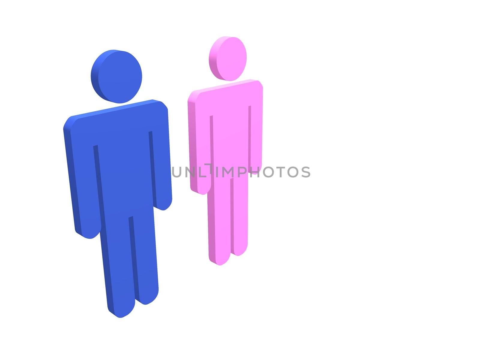 Perspective view of illustrated male and female characters
