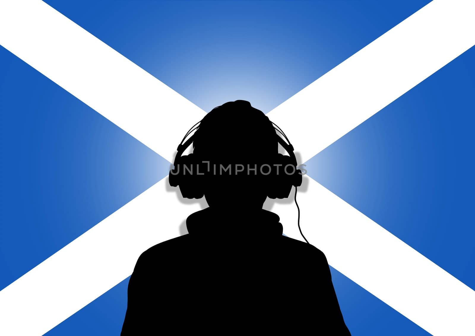 Illustration of a person wearing headphones in-front of the flag of Scotland