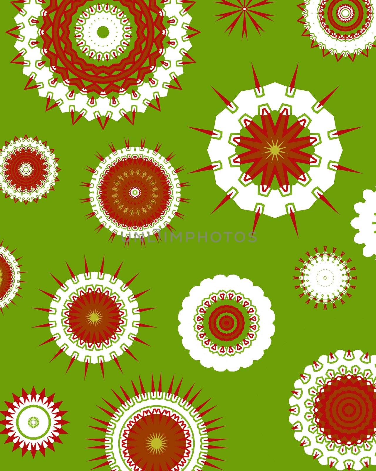 Red and white abstract shapes over a green background