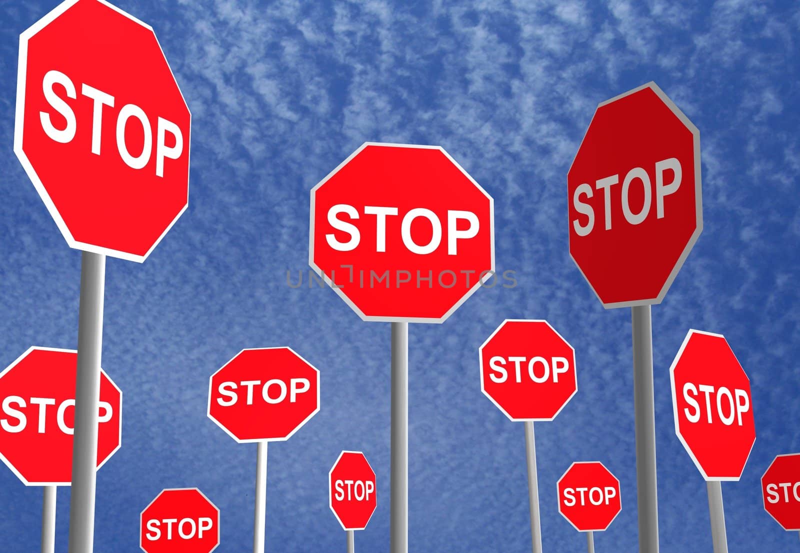 3D rendered stop signs over a sky background