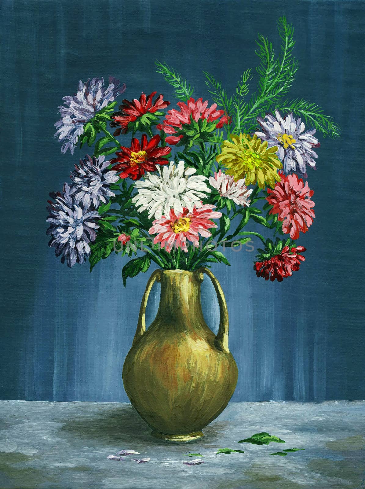 Picture oil paints on a canvas: a bouquet of asters in a clay vase