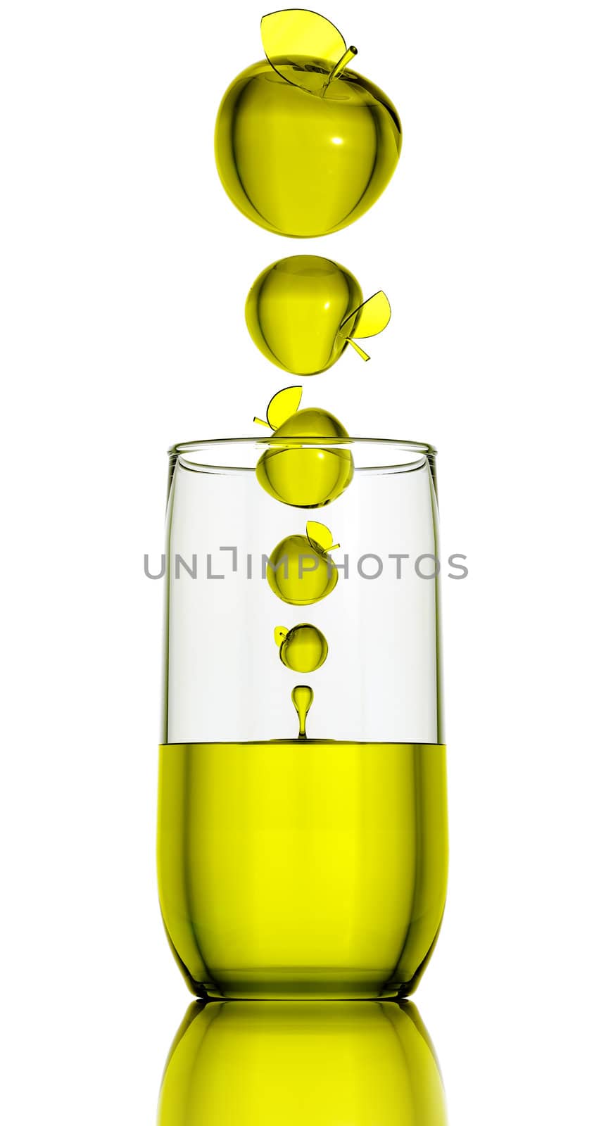 Apple juice. Transparent apples falling into glass. Natural food conceptual image. 3d