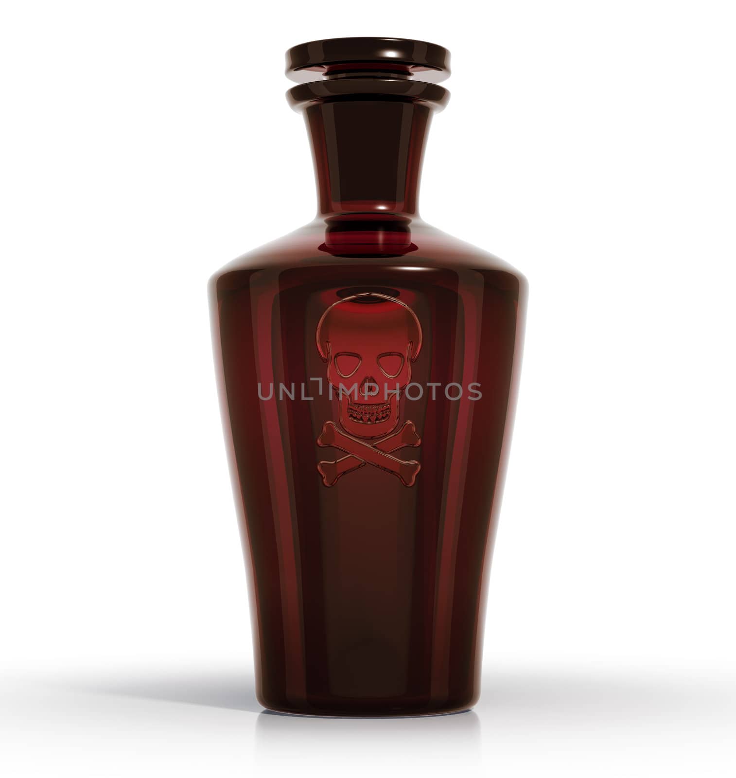 Poison. Vintage medical bottle of dark brown glass with skull and bones danger symbol engraving. 3d