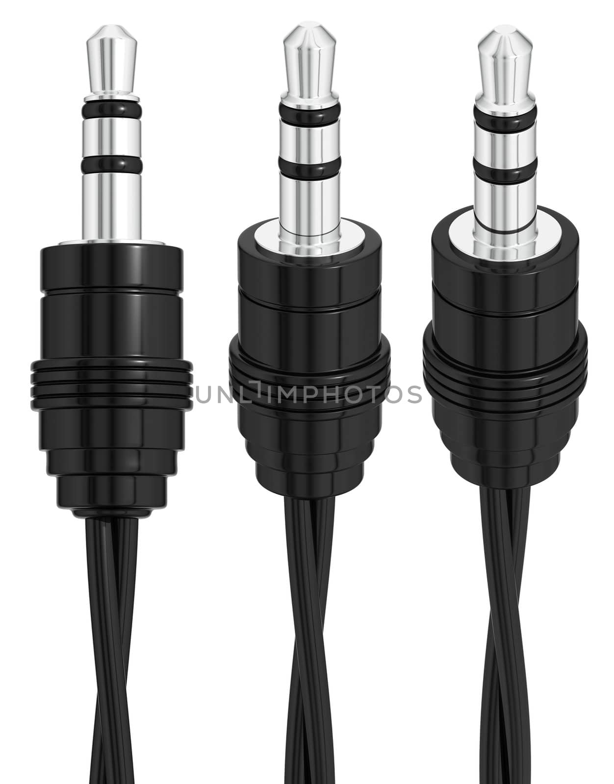Input audio connector with cable macro isolated on white background. Set of 3 viewpoints. 3d
