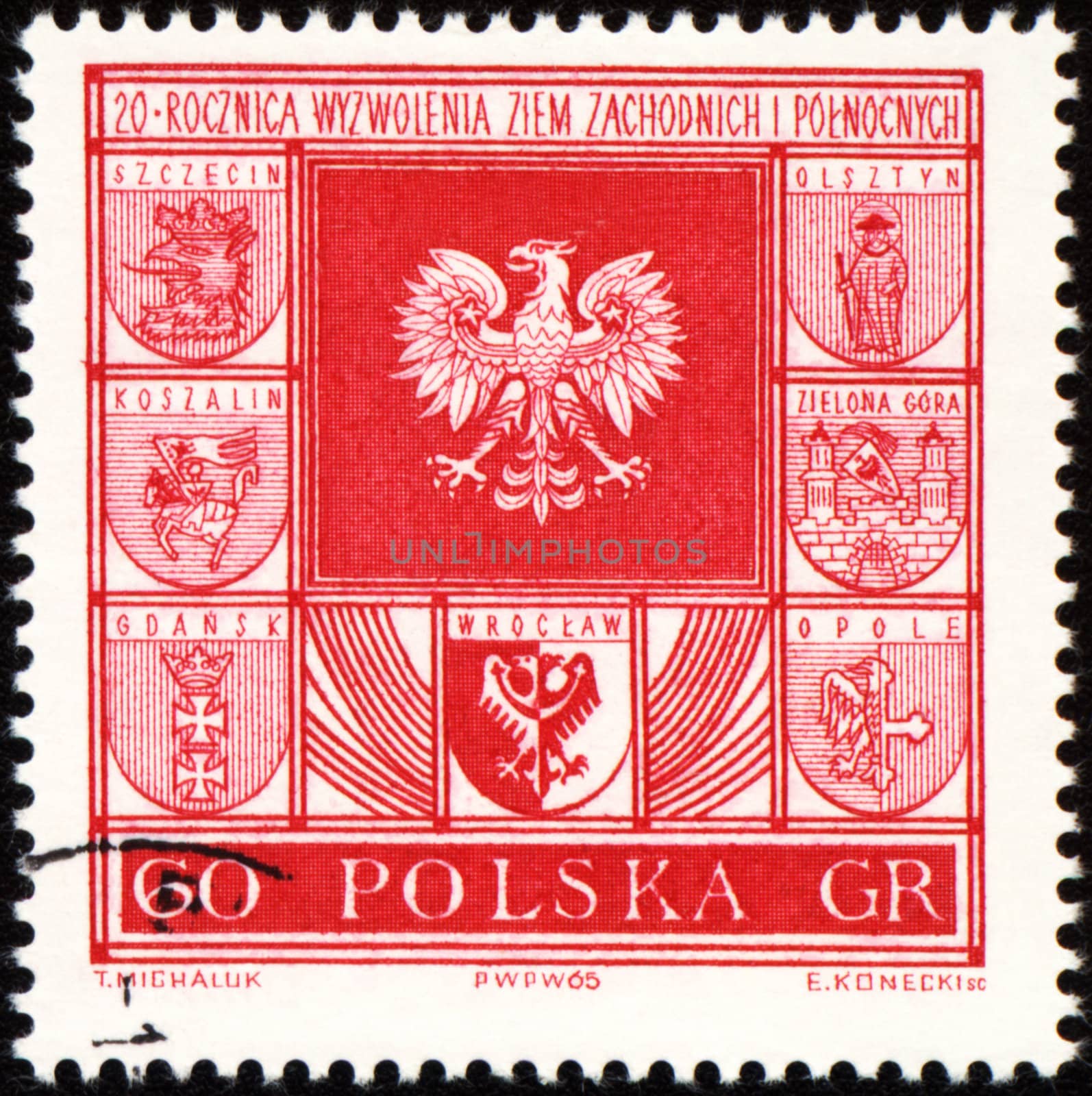 POLAND - CIRCA 1965: a stamp printed in Poland, shows arms of cities in Poland, circa 1965