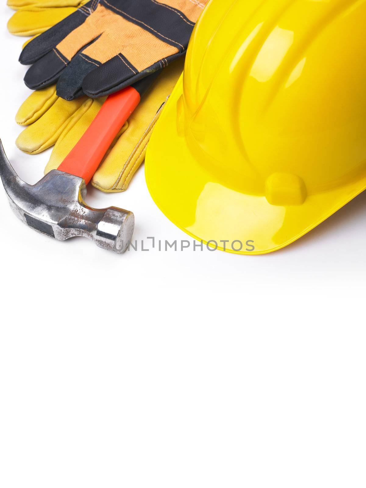 HardHat Hammer And Leather Gloves on white