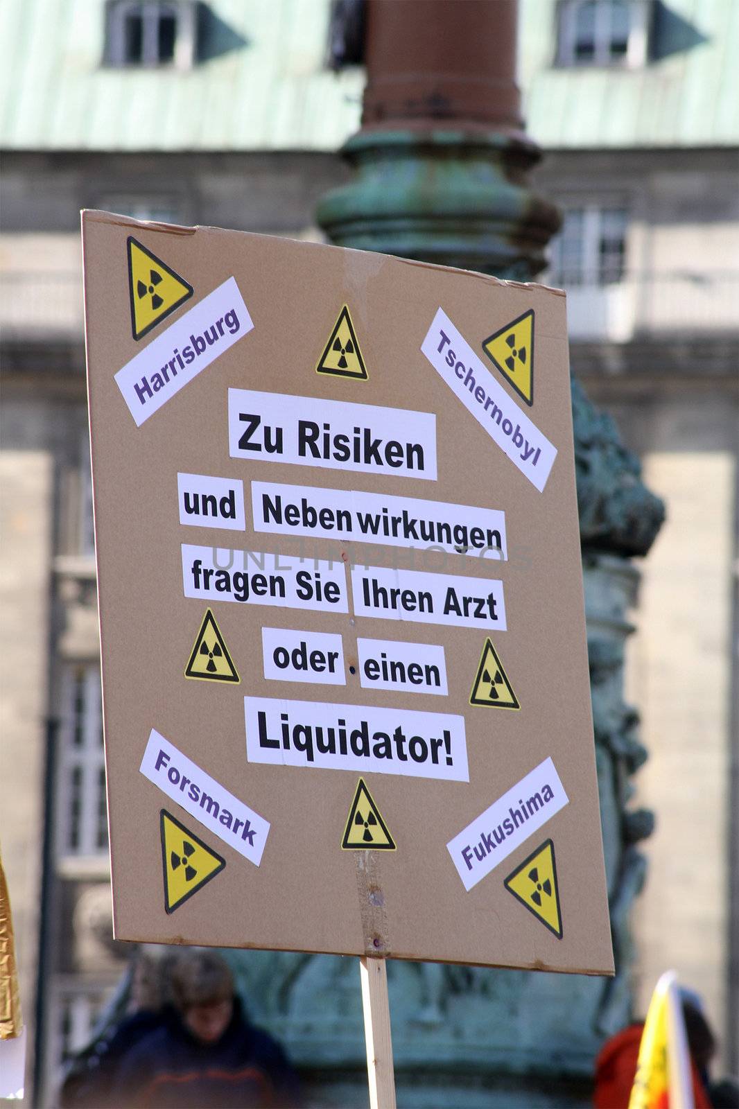 Huge protest against nuclear energy. On that day 250.000 participants in four major German cities, here: 50.000 in Hamburg. After a march through the city center the protesters gathered on the Rathausmarkt. Banner says: "For risks or side effects ask your doctor or a liquidator"
Photo taken on: March 26th, 2011.