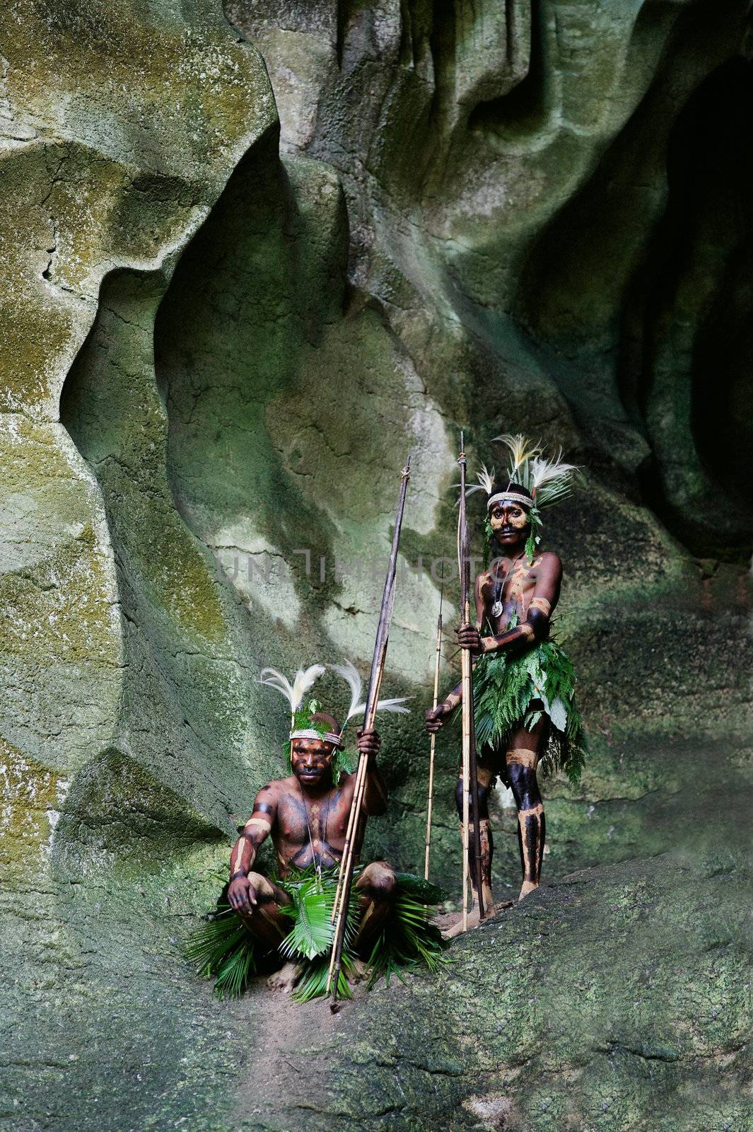 INDONESIA, NEW GUINEA, SECTOR SENGGI - 2 FEBRUARY 2009: The warriors of a Papuan tribe of Yafi in traditional clothes, ornaments and coloring. New Guinea Island, Indonesia. February 2, 2009. 