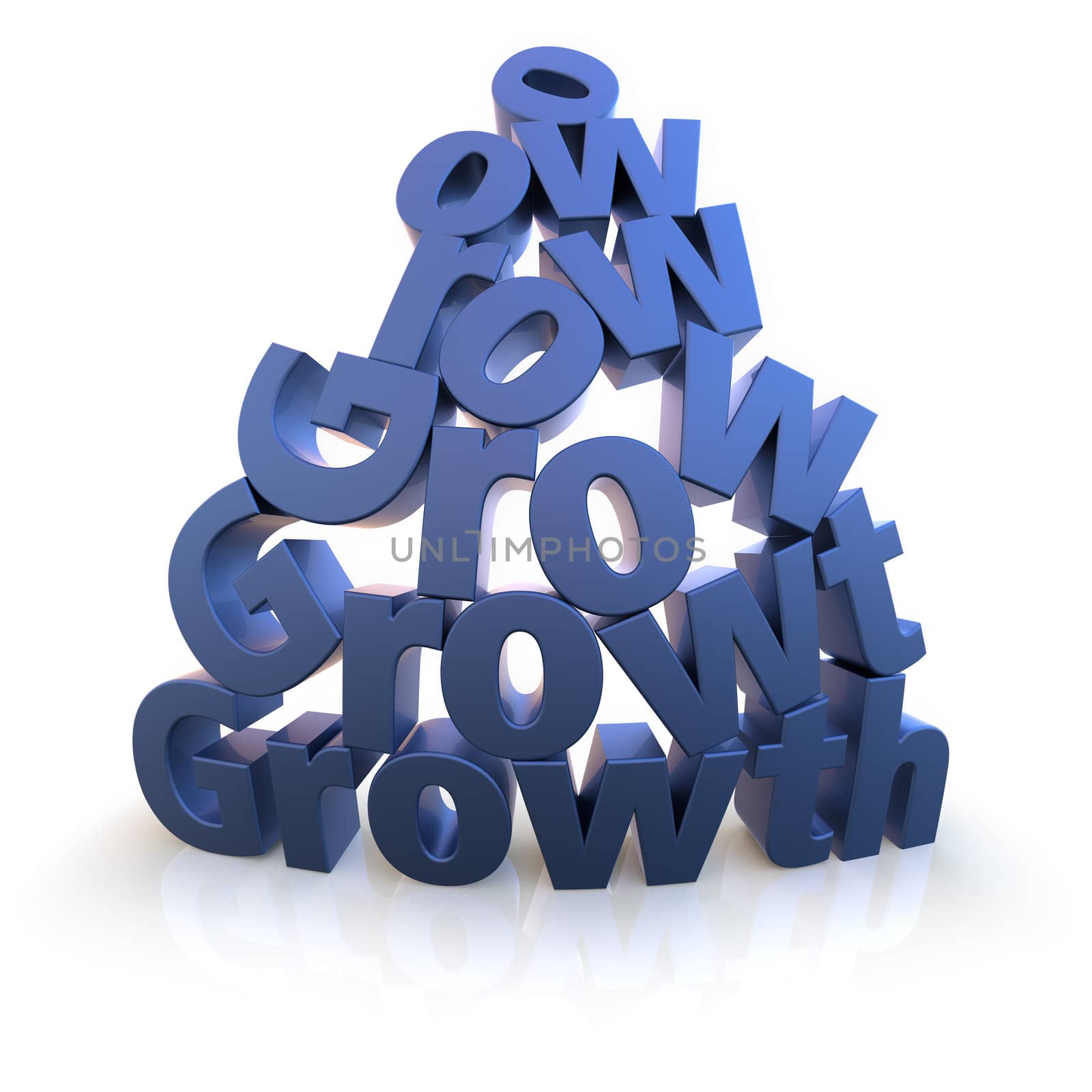 The word Growth as letter pyramid rendered over white with extreme wide-angled lens. Color can be changed easily to your needs.