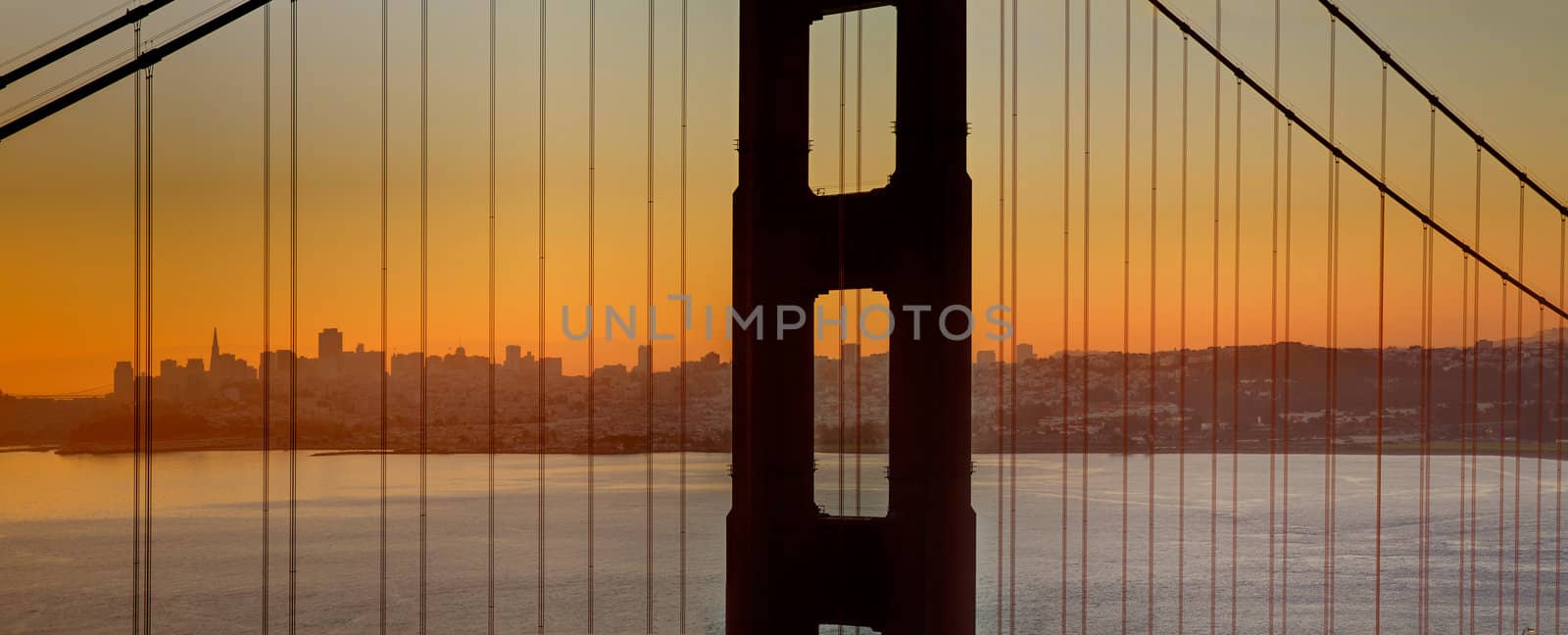 Sunrise over San Francisco Bay and Skyline with Golden Gate Bridge Panorama