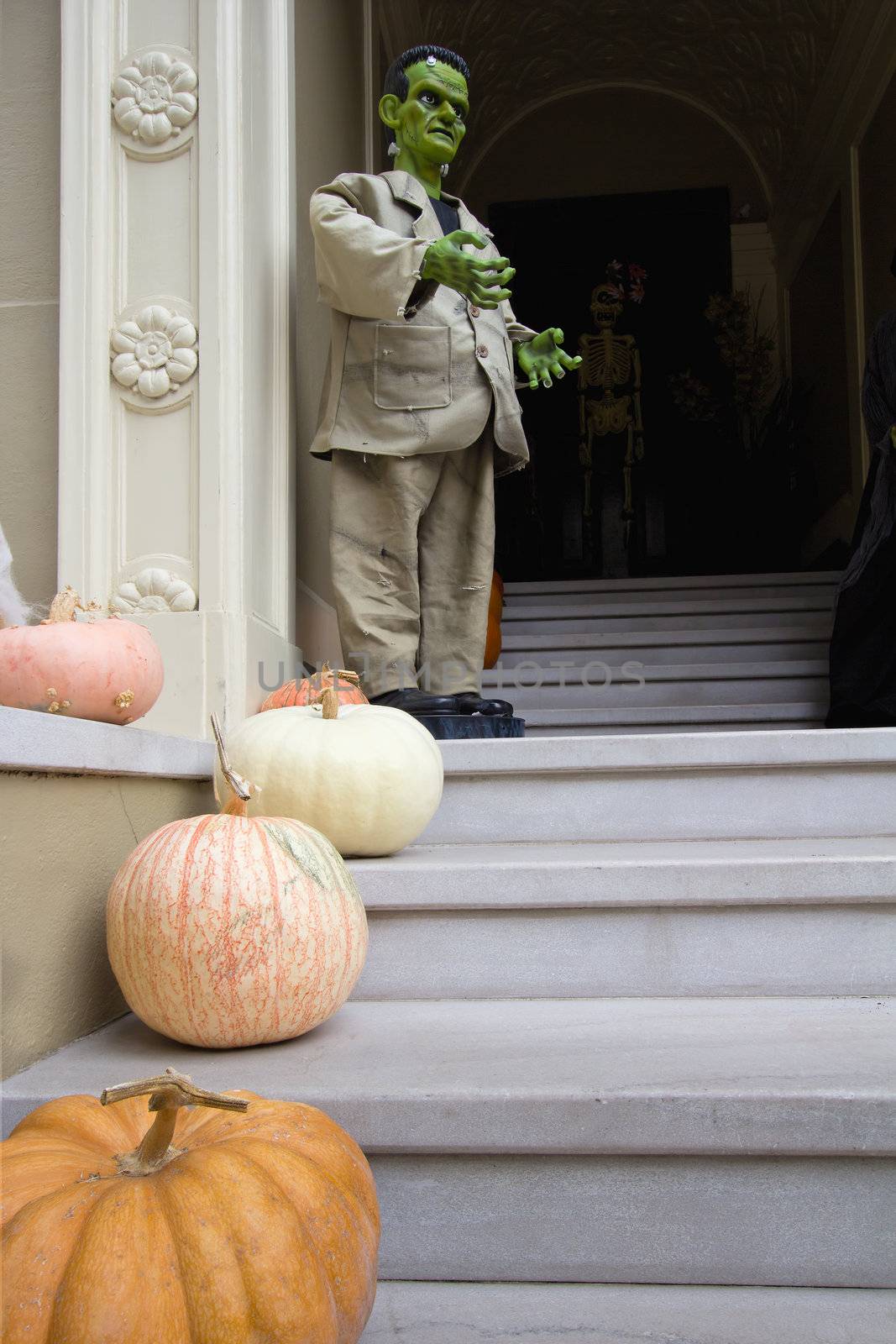 Halloween Decoration and Pumpkins in Front of House from the Street