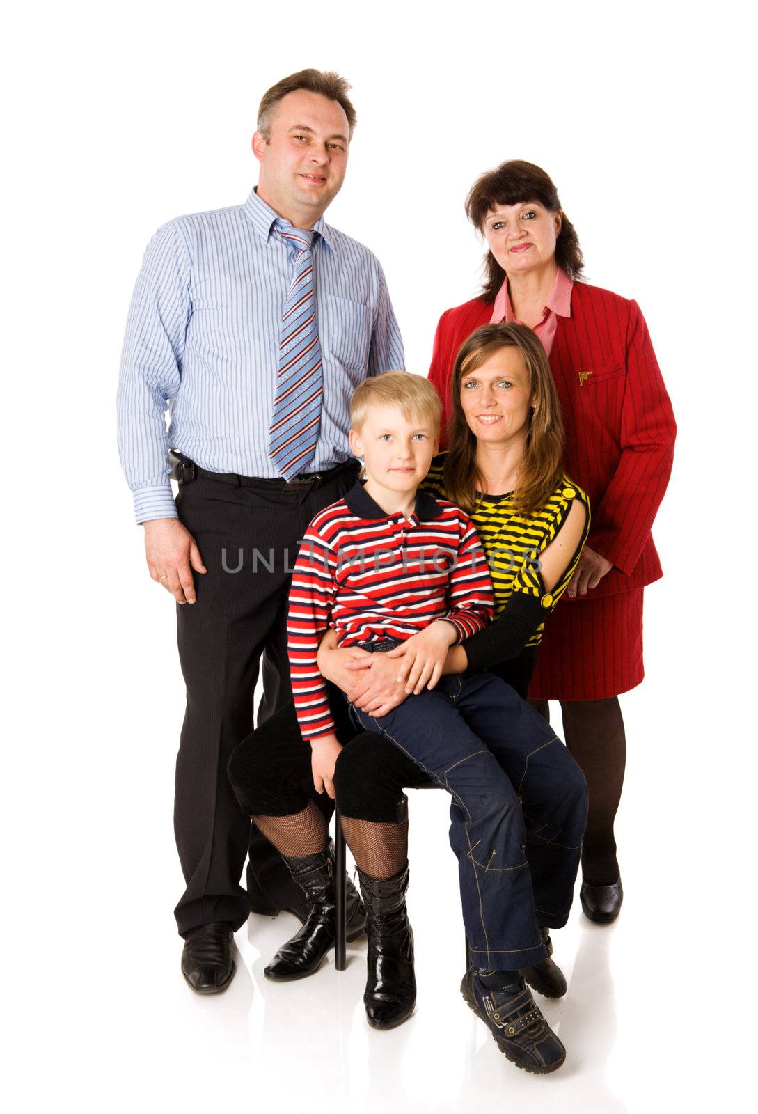 Happy Family with kid and grandmother together isolated on white