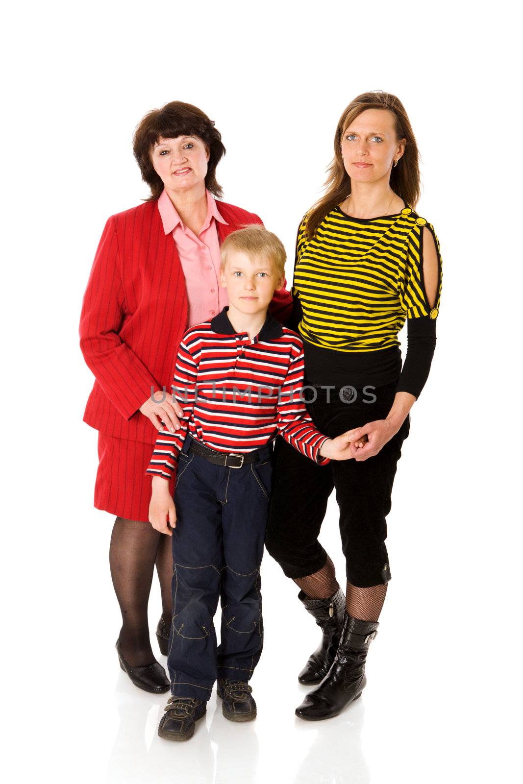 Happy Family with kid and grandmother together isolated on white