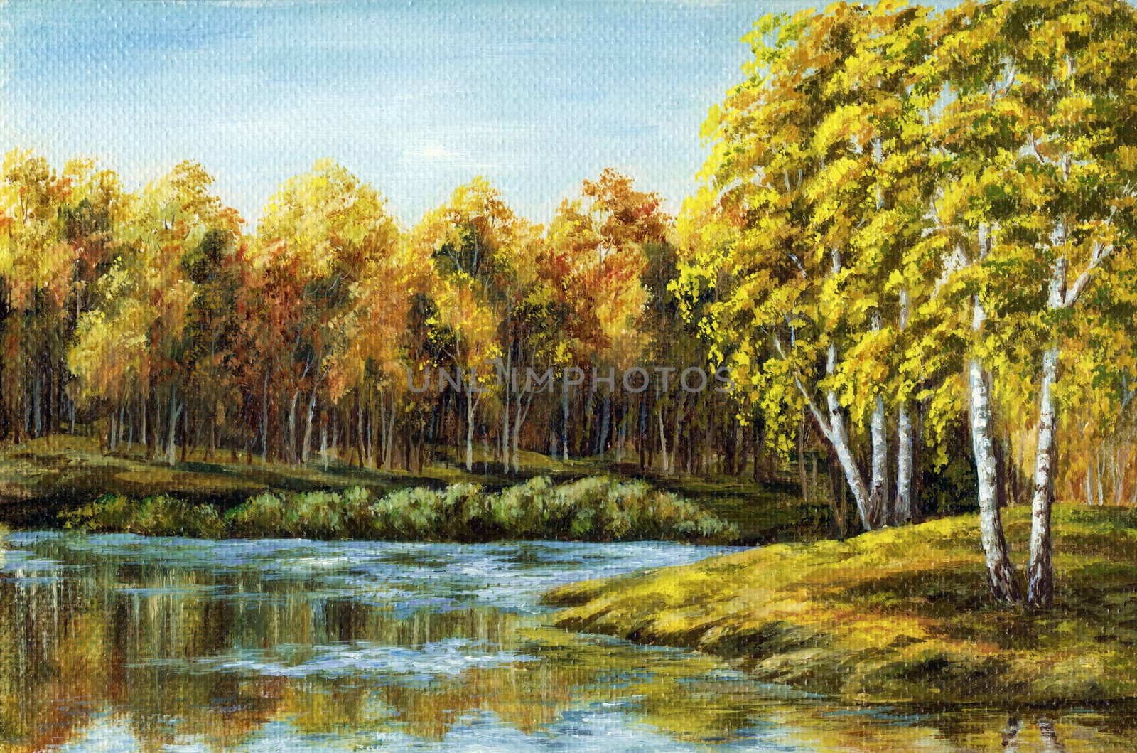 Landscape, picture oil paints on a canvas: autumn lake