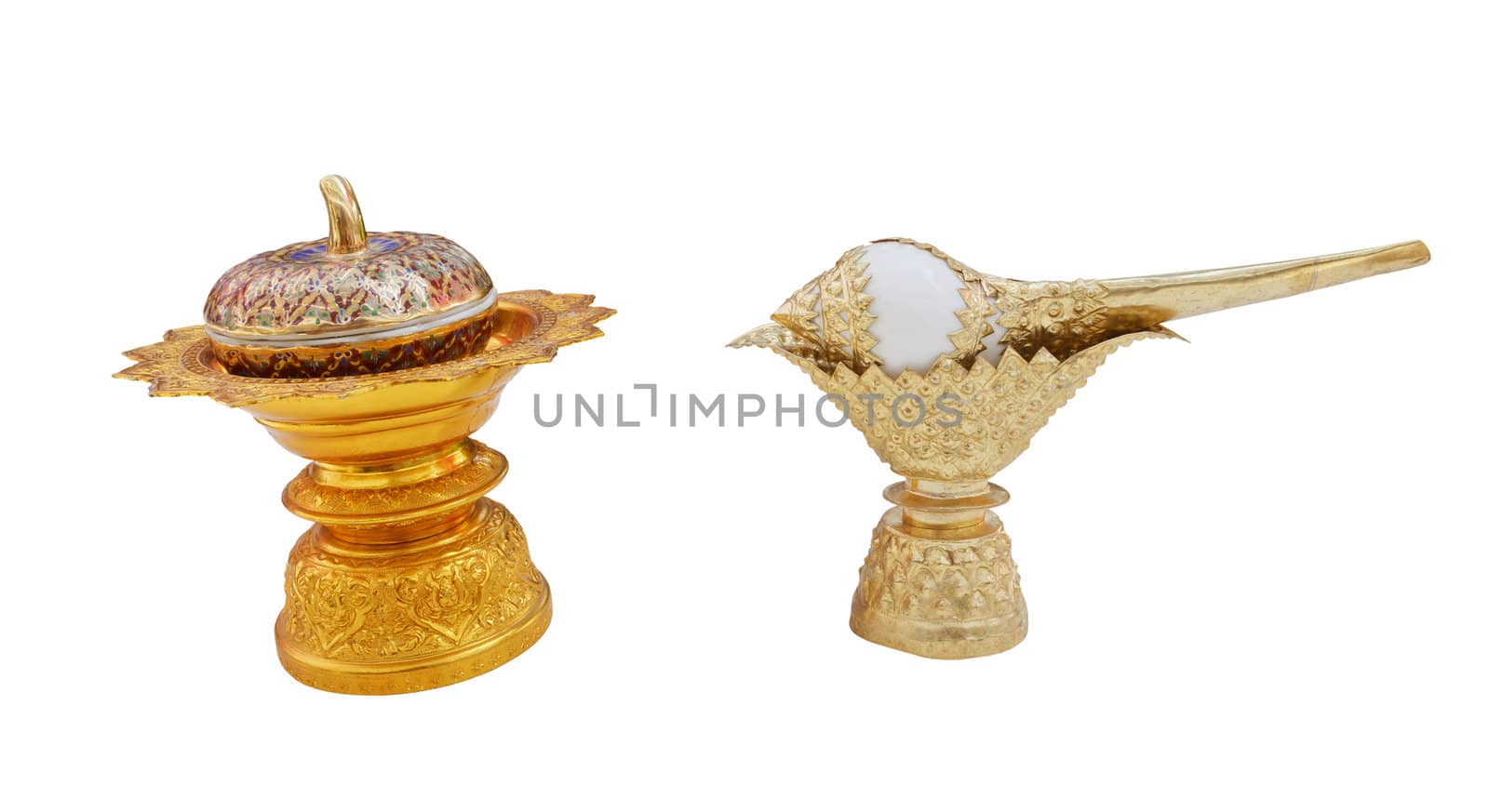 Conch shell on golden tray for blessed water in Thai wedding ceremony