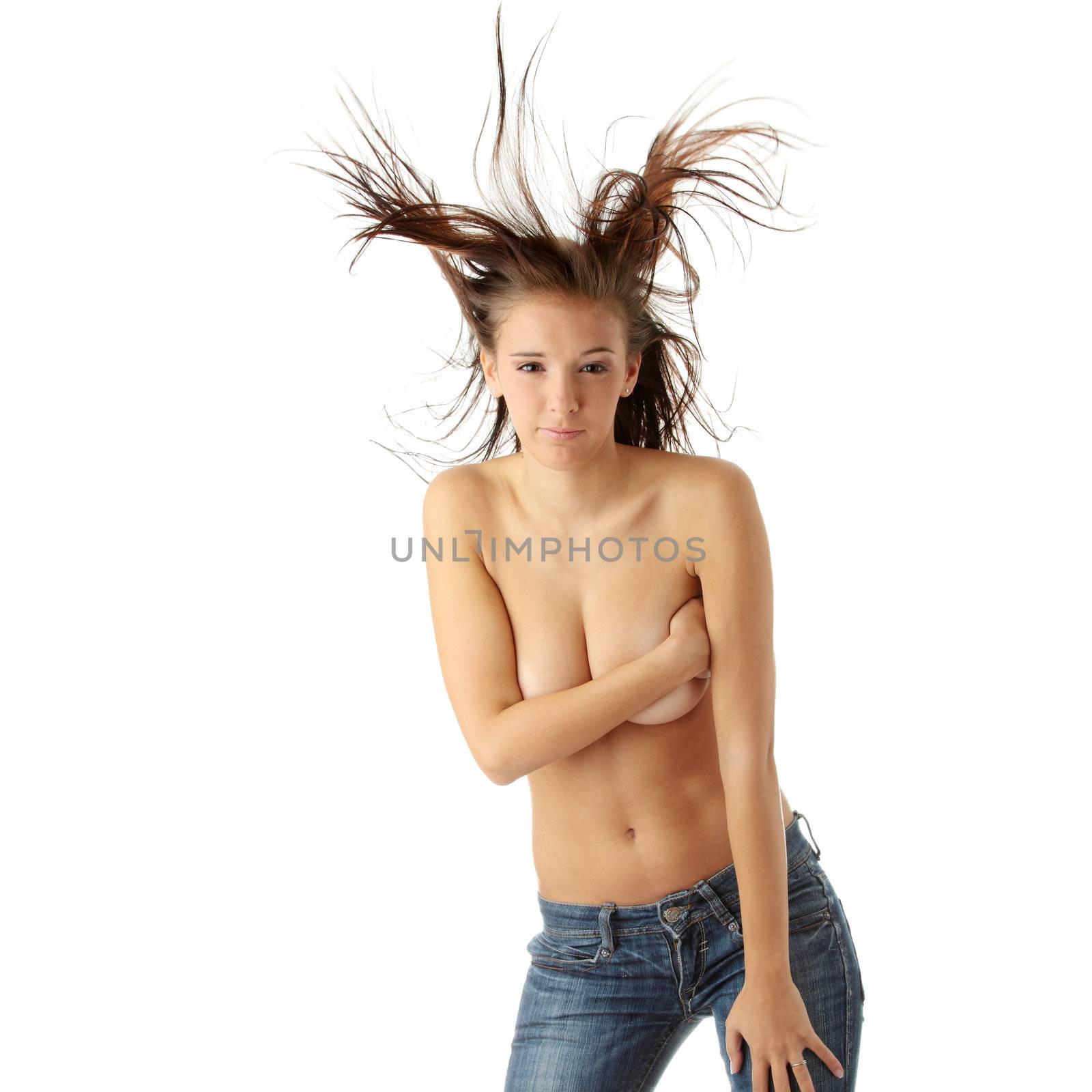 Young sexy caucasian topless woman dancing with wind