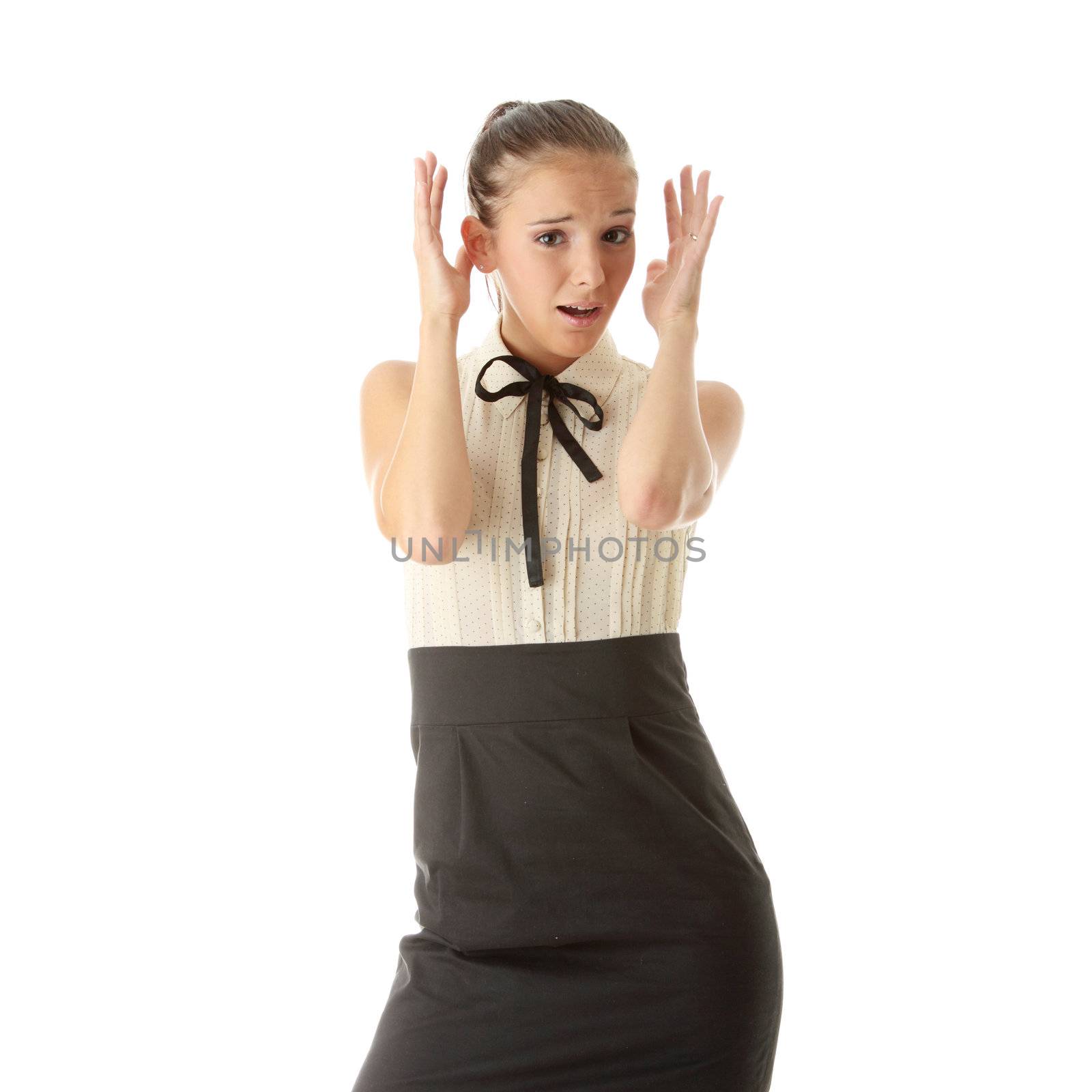 Scared teen woman isolated on white background