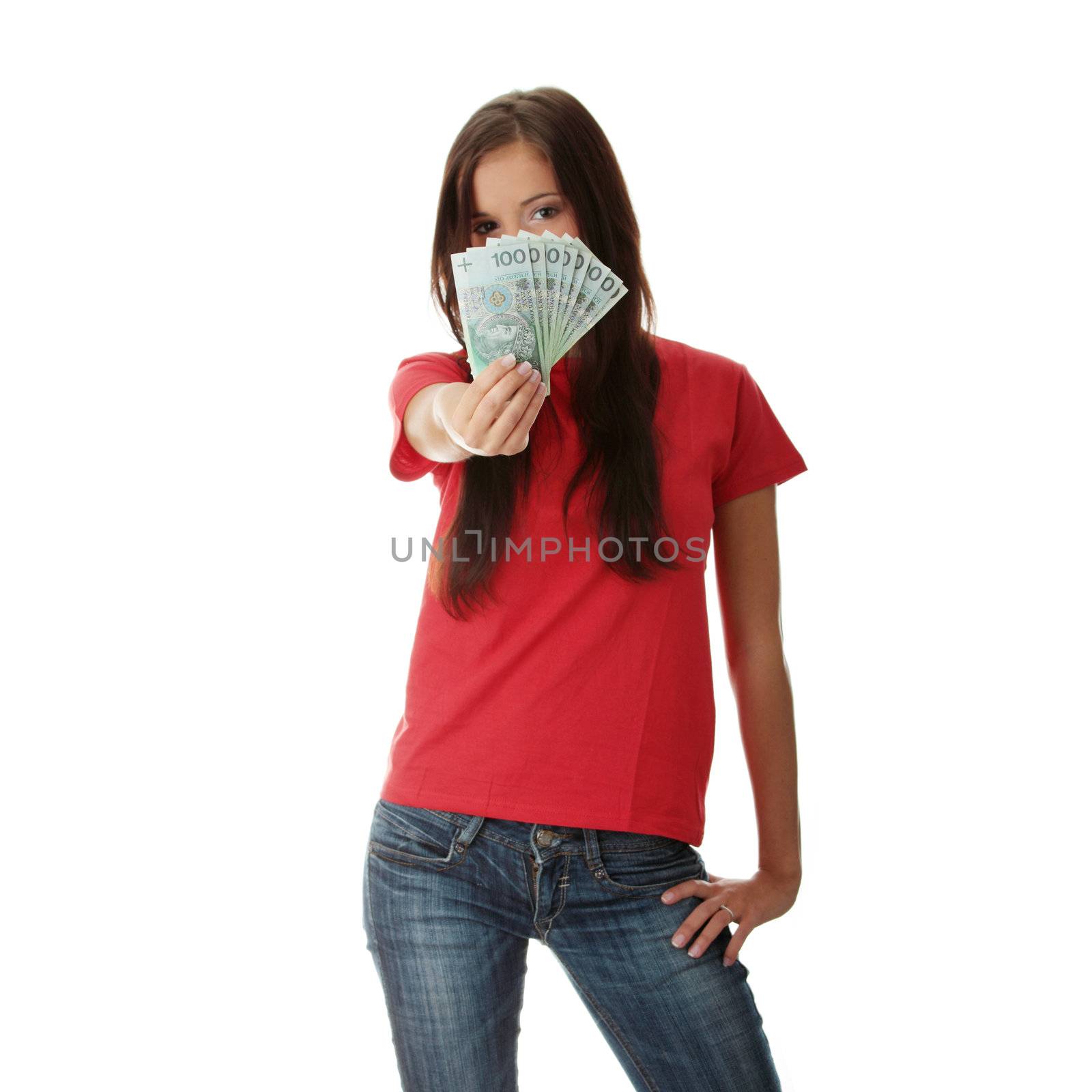 Young lady holding cash by BDS
