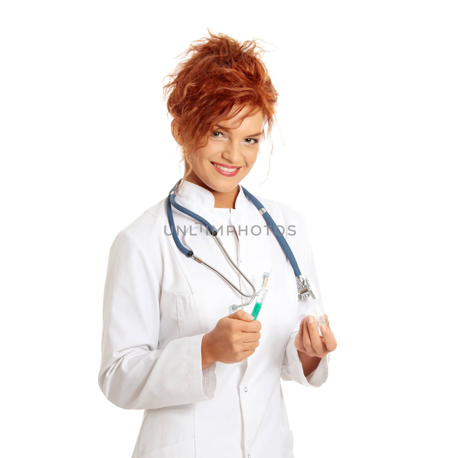 Young female doctor or nurse holding syringe , isolated on white.